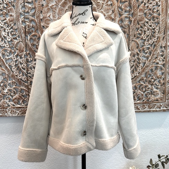 PLM Pascale La Mode Short Faux Wool Shearling, Suede Coat, Button Front, NWT - Picture 2 of 16